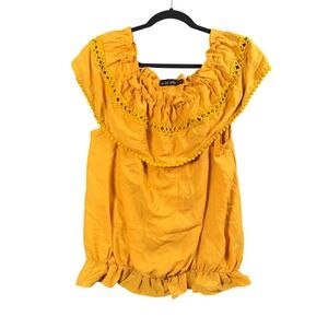 Boho Off Shoulder Blouse 2X Mustard Yellow Crochet Ruffle Festival Top Pom Pom